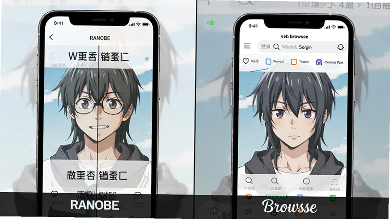 Ranobe vs web comparison, split screen, mobile app vs browser, clean design