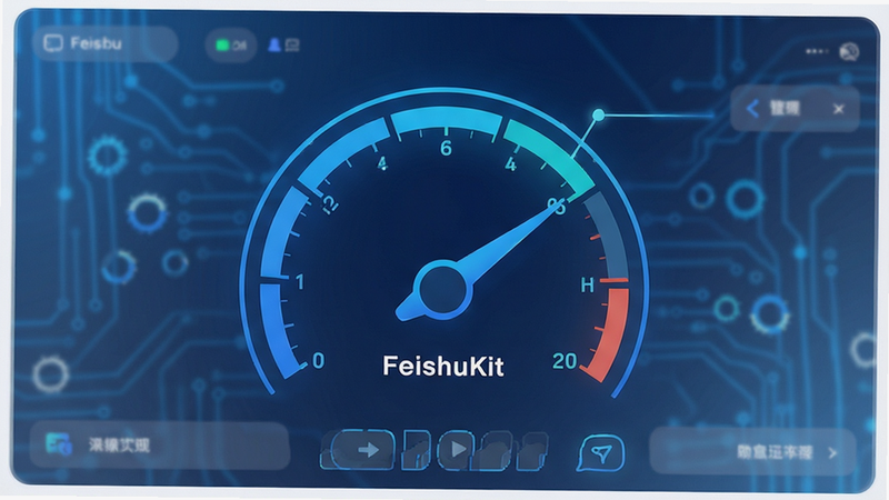 FeishuKit loading screen, speedometer graphic showing fast startup time, minimal UI elements, tech blue color scheme, clean background, vector illustration