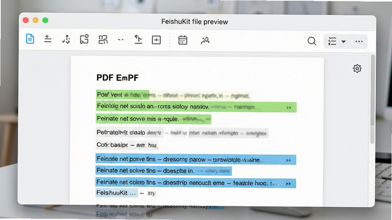 FeishuKit file preview window, displaying a PDF document with highlighted sections, clean white interface with toolbar icons, realistic UI design