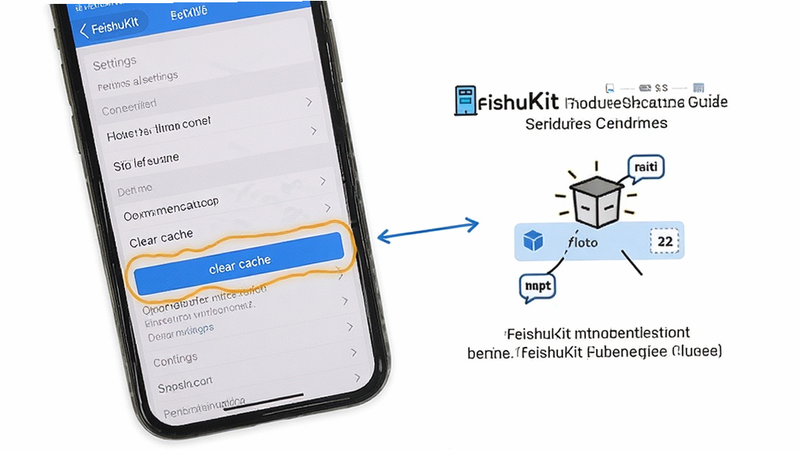 FeishuKit troubleshooting guide, smartphone screen showing settings menu with highlighted 'clear cache' button, instructional diagram, clean white background