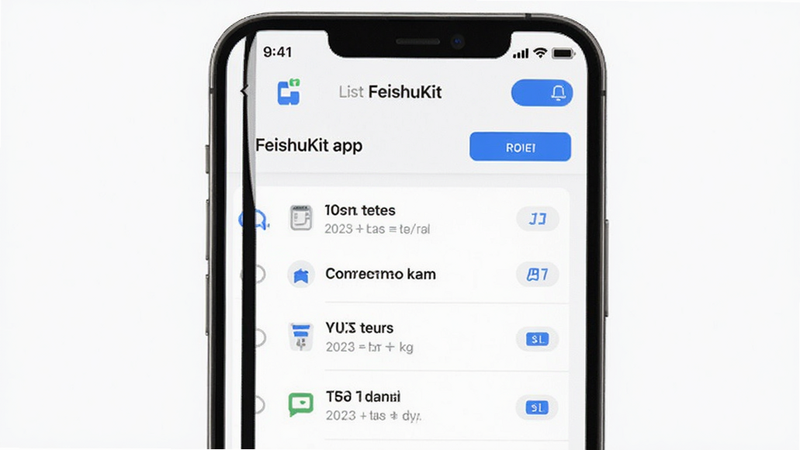 FeishuKit app interface, modern minimalist design, clean white background with blue accent buttons, smartphone mockup showing a task list dashboard, high resolution, flat vector style, no text