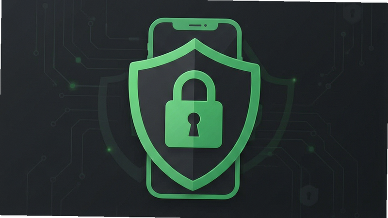 FeishuKit privacy shield icon, lock symbol integrated with a smartphone silhouette, dark grey background with green accents, professional security style