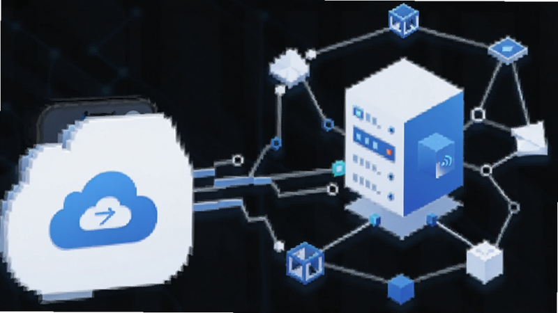 FeishuKit data sync icon, cloud connection lines connecting a smartphone to a server, abstract network topology, blue and white colors, simple geometric shapes