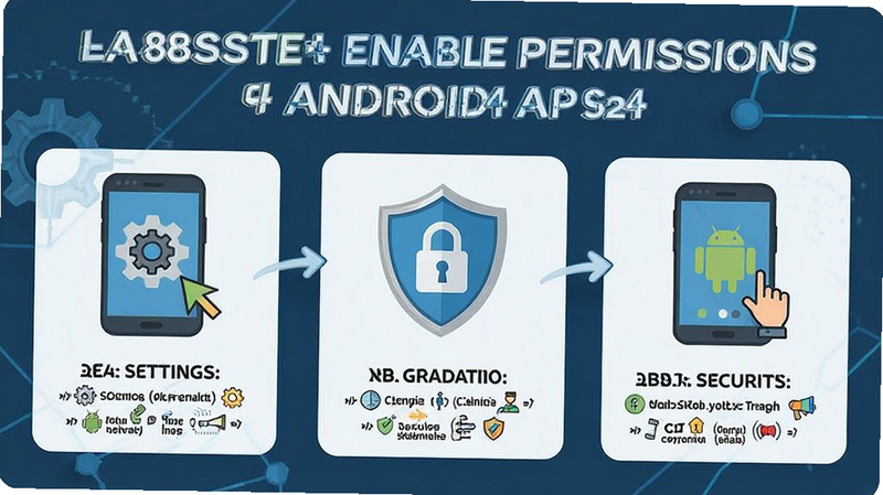 A detailed guide graphic showing steps to enable permissions for an Android app named Cedinia, with icons for settings and security shields. Clean vector style, educational infographic layout.