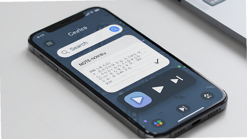 A smartphone screen showing multiple widgets within the Cedinia app layout, including a search bar, a note-taking panel, and a media player icon. The UI is sleek with rounded corners and soft shadows. Style: Flat design, modern tech aesthetic, high detail.