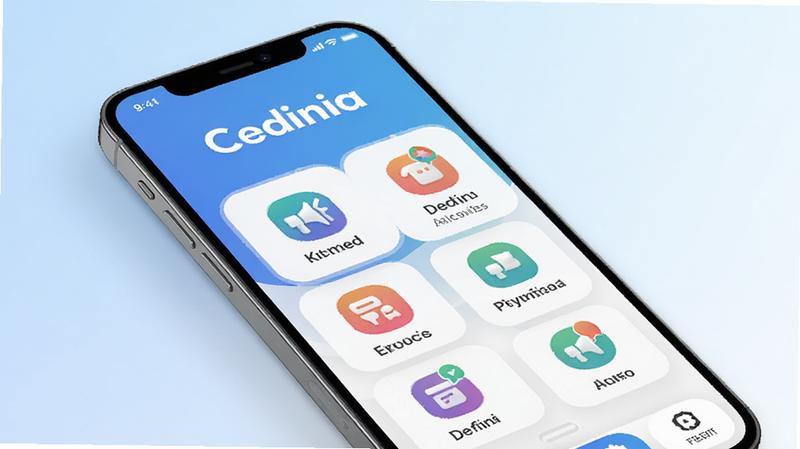 A modern smartphone displaying the Cedinia app interface with a clean, minimalist design featuring vibrant icons and organized modules. The background is a subtle gradient of blue and white. High resolution, 4k, realistic style, clear text 