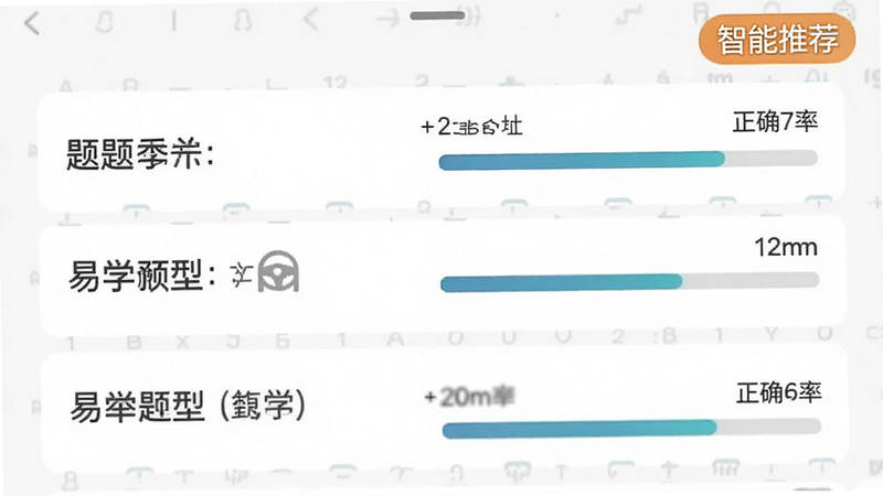 易学车APP的题库列表界面,白色背景,列表项包含题目类型和正确率进度条,右上角有'智能推荐'标签,界面整洁,字体清晰,扁平化设计风格