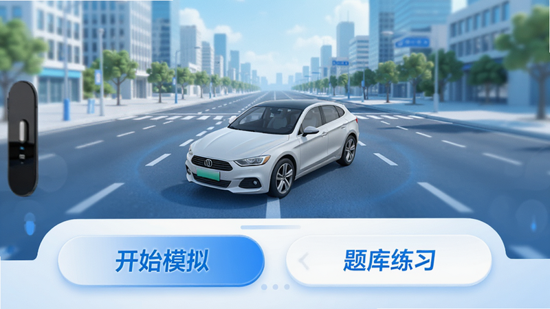一张展示易学车APP主界面的手机屏幕渲染图,画面中央是清晰的车辆3D模型,背景为明亮的城市道路,界面底部有'开始模拟'、'题库练习'两个大按钮,整体风格为科技蓝与白色搭配,高清,无多余元素