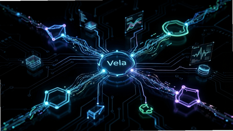 Vela memory management visualization, abstract data flow diagram, glowing nodes on black background, futuristic tech style, clean lines