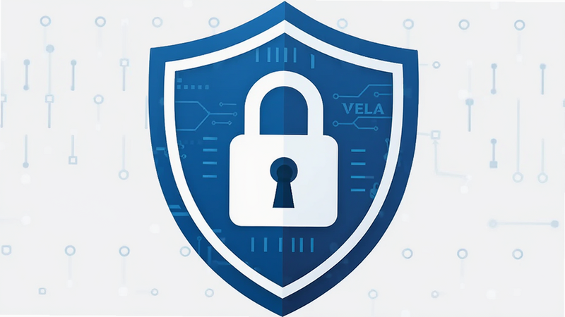 Vela security shield icon, digital lock graphic, blue and white color scheme, vector art style, professional software logo