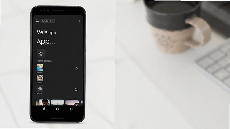 Vela app interface screenshot, minimalist dark mode UI, clean typography, android smartphone mockup, high resolution, no text overlay