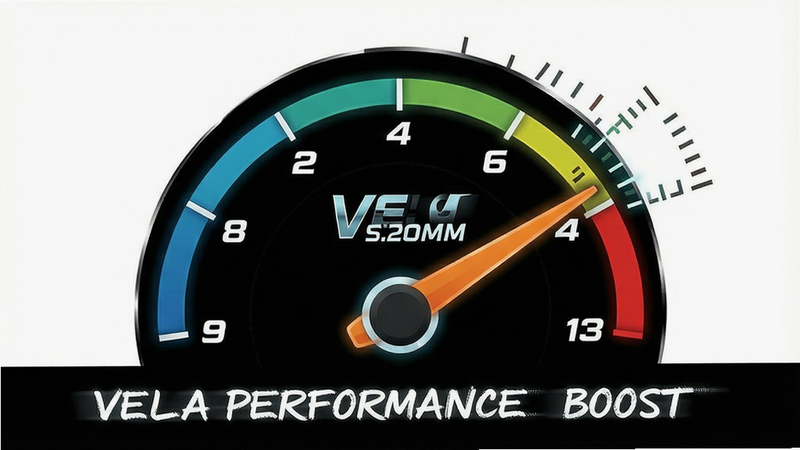 Vela performance boost graphic, speedometer metaphor, clean design, white background