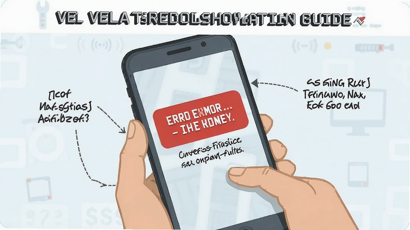 Vela troubleshooting guide, smartphone screen with error message, clean vector illustration, instructional style