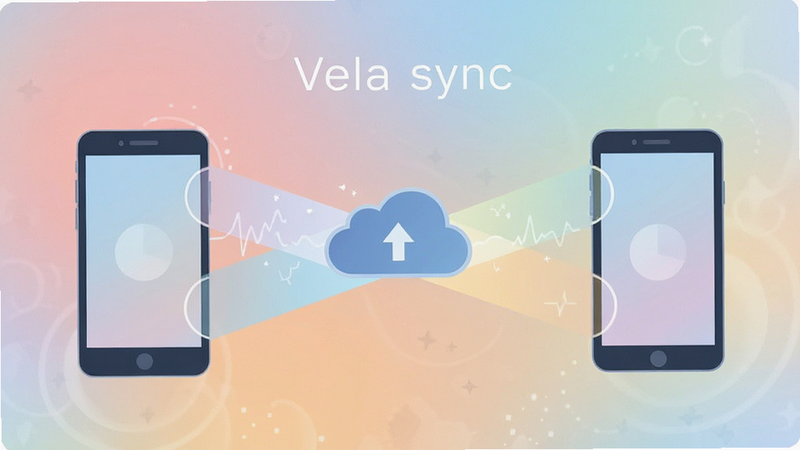 Vela sync illustration, two devices connected by light beams, cloud icon in center, minimalist flat design, soft gradient background