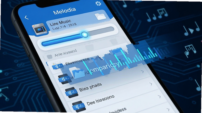 Melodia app scanning local music files, progress bar animation, file list appearing dynamically, tech-style interface, blue and white color scheme