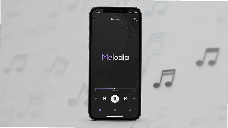 A minimalist music player app interface on a smartphone screen, showing 'Melodia' logo in the center, dark theme with subtle purple accents, clean UI layout, high quality, 4k, realistic, no clutter