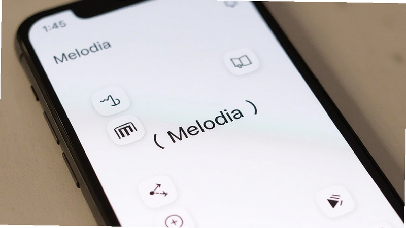 Close-up of a modern smartphone screen displaying the Melodia app home page, minimal icons, clean white background with black text, soft lighting, realistic photography