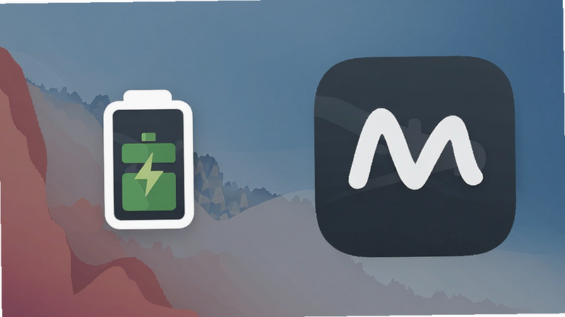 Battery saver icon next to the Melodia app icon on a desktop wallpaper, minimalist style, flat design, vector graphics, clean lines