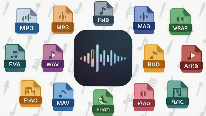 Melodia app icon surrounded by various audio file format icons like MP3, WAV, FLAC, vector style, clean background