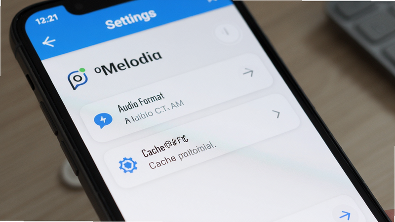 Melodia app settings menu on a smartphone, showing options for audio format and cache management, clean UI, realistic, high resolution