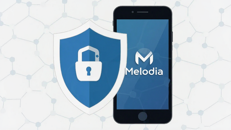 Shield icon protecting a smartphone with Melodia logo, cybersecurity theme, flat design, vector illustration