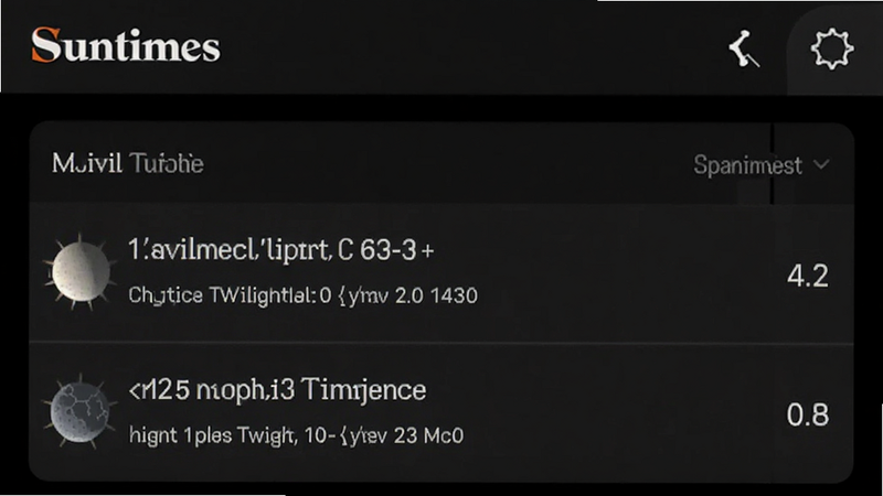 Close-up screenshot of the Suntimes app displaying a detailed table of astronomical events like civil twilight and nautical twilight, modern UI design, clear typography, dark theme
