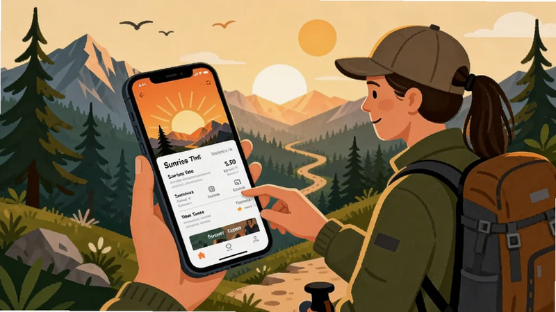 Illustration of a user checking sunrise times on a phone while hiking, nature background, app interface visible