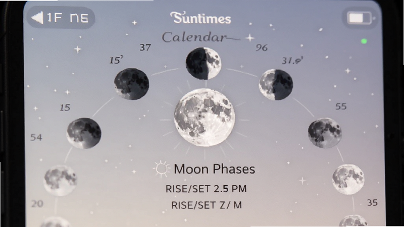 Screenshot of Suntimes app moon phase calendar, showing a full moon icon and rise/set times, elegant graphical representation, soft lighting