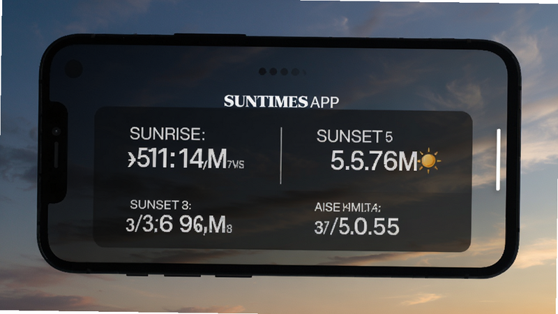 SunTimes app interface on a smartphone screen showing sunrise and sunset times with a clean minimalist design, dark mode background, high contrast text, realistic photo of sky in background, 4k resolution, clean layout
