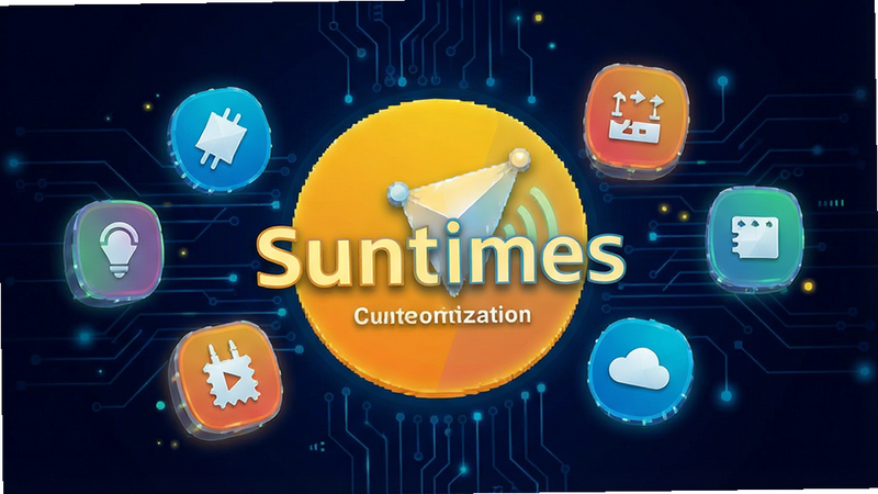 Conceptual illustration of plugin icons floating around the Suntimes logo, representing customization options, vector style, bright colors, tech aesthetic