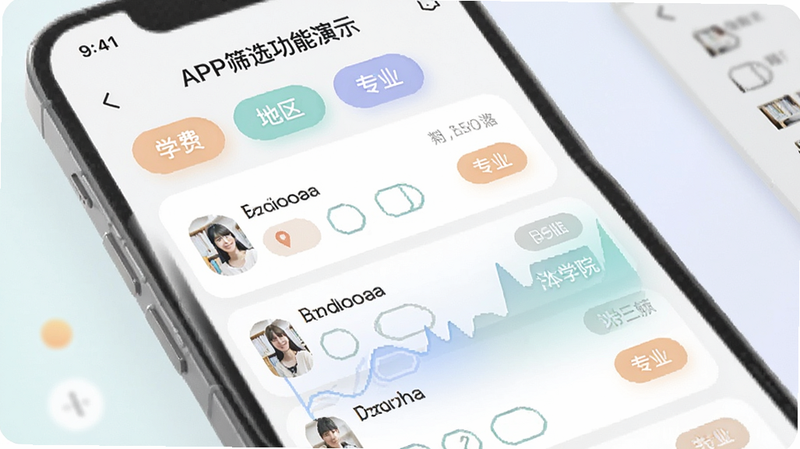 日本留学院校库APP筛选功能演示,界面显示多个筛选标签如'学费', '地区', '专业',结果列表动态更新,UI元素圆角设计,色彩柔和,细节丰富