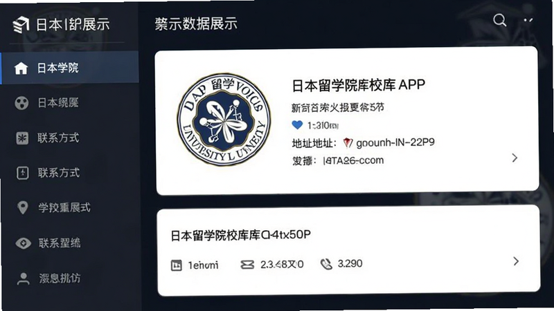 日本留学院校库APP数据展示界面,左侧为导航菜单,右侧为详细的大学信息卡片,包含校徽、地址、联系方式,布局整齐,字体清晰,风格简约商务