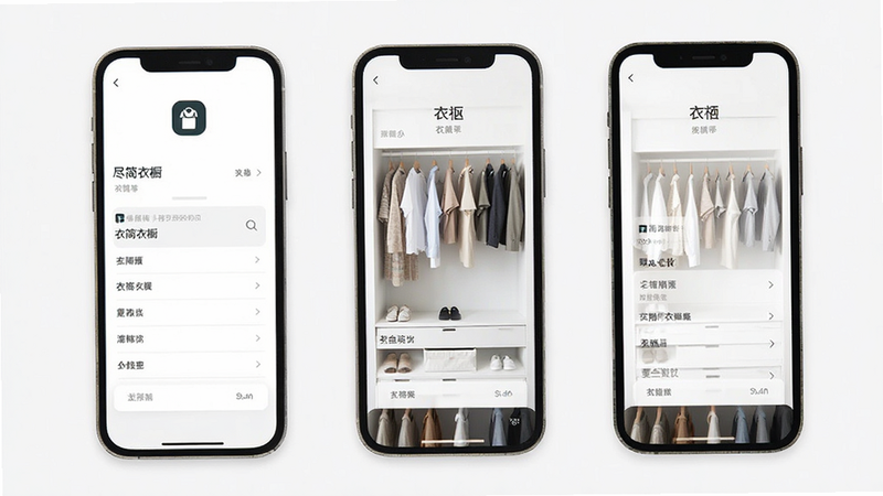 极简风格手机应用界面截图,展示“尽简衣橱”Logo与整洁的衣柜分类列表,白色背景,扁平设计,高清画质,无多余元素
