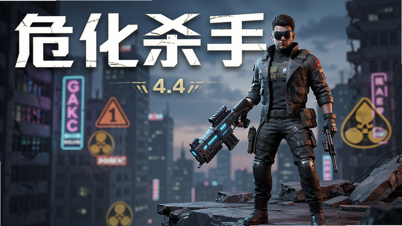 主体为《危化杀手》4.4版本宣传海报,布局为垂直构图,排版简洁大气,风格为现代写实主义3D游戏风格,细节包括主角手持高科技装备站在城市废墟边缘,背景有霓虹灯与危险符号,画质高清,干净,无多余元素,文字显示