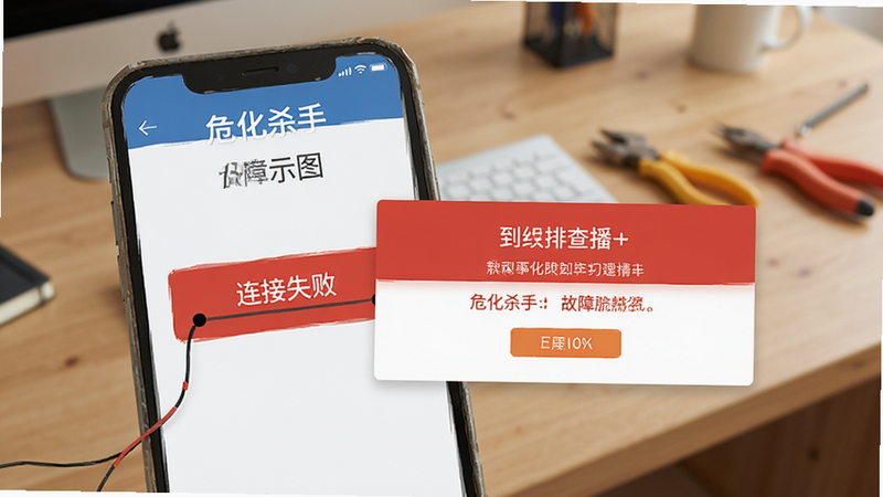 主体为《危化杀手》故障排查示意图,布局为手机界面与错误提示框,排版简洁,风格为扁平化UI,细节包括手机屏幕显示“连接失败”提示,背景为桌面,画质高清,干净,无多余元素