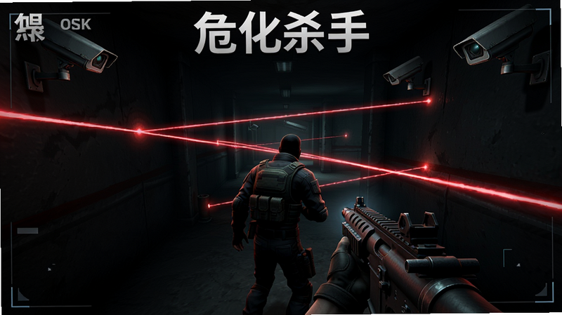 主体为《危化杀手》游戏截图,布局为横屏视角,排版清晰,风格为第一人称潜行视角,细节包括主角在阴影中移动,周围有激光警戒线与监控摄像头,画质高清,干净,无多余元素