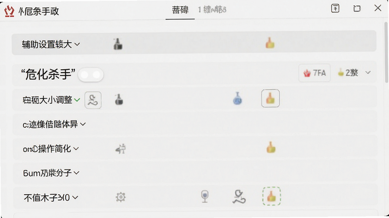 主体为《危化杀手》辅助设置界面,布局为选项列表,排版清晰,风格为无障碍设计,细节包括字体大小调整与操作简化选项,画质高清,干净,无多余元素