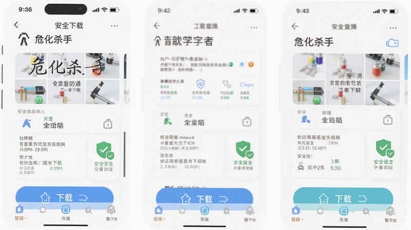 主体为《危化杀手》安全下载界面,布局为手机应用商店截图,排版标准,风格为现代UI,细节包括下载按钮与安全认证标识,画质高清,干净,无多余元素