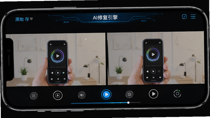 ����Ϊ�ֻ���Ļ��չʾ����APP��AI�޸�������棬���ַ�Ϊ�������������Ϊԭʼ��Ƶ֡���Ҳ�Ϊ�޸������Ƶ֡���Ű�Գƣ����Ƽ���ǿ����ɫ��Ч��׺��ϸ�ڷḻ�����廭�ʣ��ɾ��޶���Ԫ��