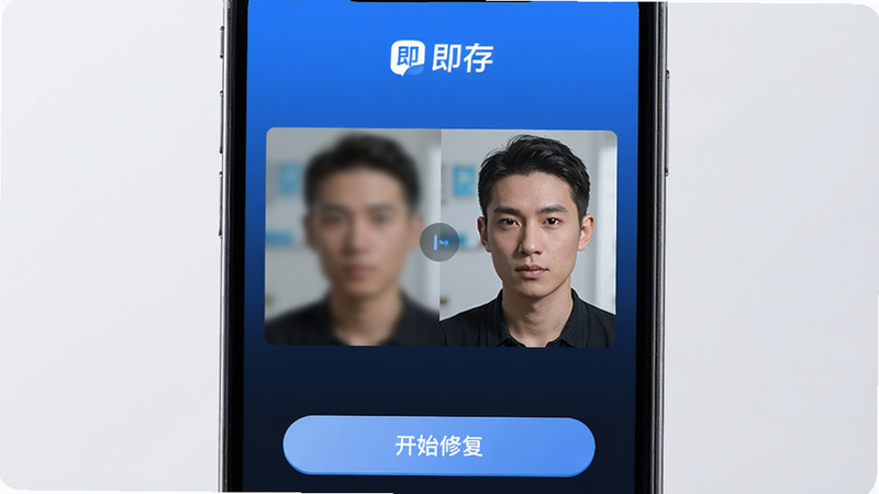����Ϊ�ֻ���Ļ���棬��ʾ����APP��ҳ�棬�������࣬�����С����桱Logo���м�չʾһ�ŶԱ�ǿ�ҵ���Ƶ�޸�ǰ��Ա�ͼ�����ģ���Ҳ��������ײ��С���ʼ�޸�����ť������ִ���Լ���Ƽ�����ɫ����ϸ�ھ��£����廭�ʣ��ɾ��޶���Ԫ��