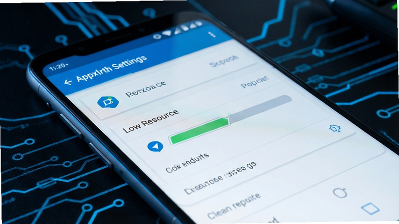 Android phone showing Appxlrth settings, low resource usage indicator, clean interface, tech style, blue accent colors, realistic rendering, detailed UI components, sharp edges