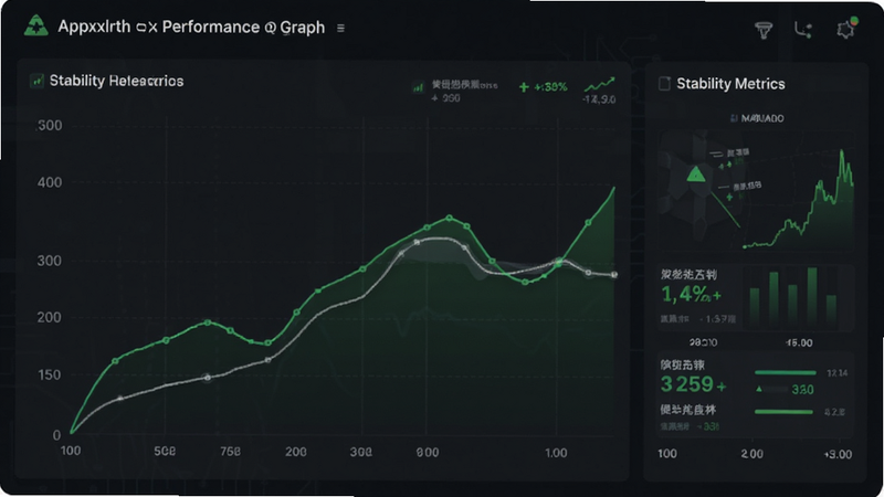 Appxlrth performance graph, stability metrics, smooth line chart, professional dashboard style, dark theme, green positive indicators, clean typography, realistic data visualization