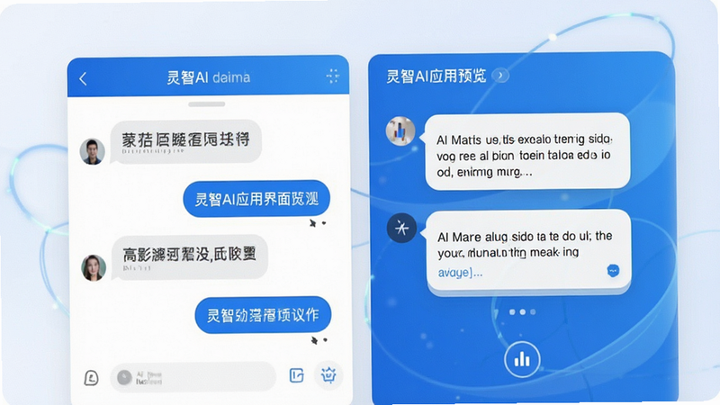 灵智AI应用界面预览,展示聊天窗口与AI回复,简洁现代UI风格,蓝色调,清晰文字,无多余元素,高分辨率