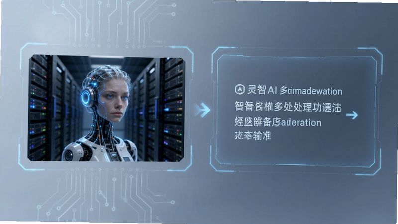灵智AI多模态处理功能,展示图片识别与文本输出,科技感,简洁布局