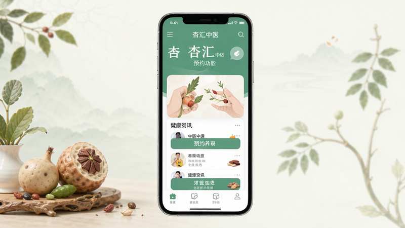 杏汇中医app主界面预览图,展示中医养生元素与现代UI设计结合,包含预约功能入口和健康资讯列表,风格扁平化简洁,高清晰度