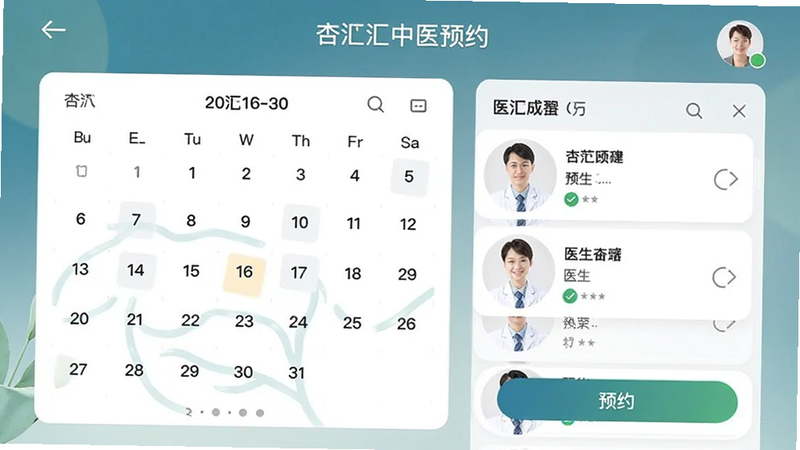 杏汇中医预约界面模拟图,展示日历视图与医生列表,突出“预约”按钮和用户头像,色彩协调