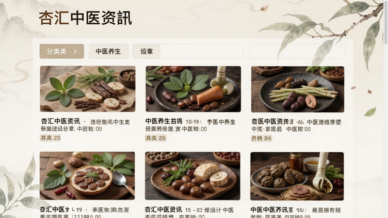 杏汇中医资讯页面截图,显示分类清晰的中医养生文章列表,字体清晰易读,背景淡雅