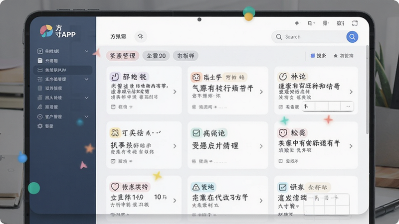方寸APP内容管理界面,主体为卡片式布局的笔记列表,风格清新,细节包含分类标签和搜索栏