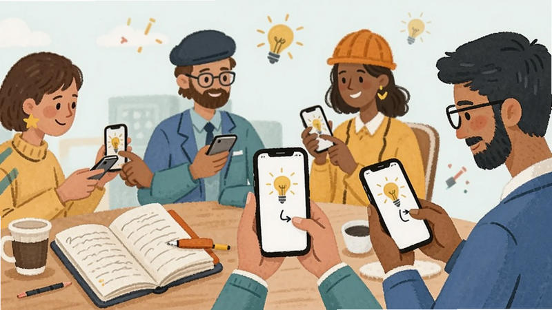 方寸APP用户群体示意图,主体为不同职业人物使用手机记录灵感,风格生活化,细节包含笔记本与手机交互