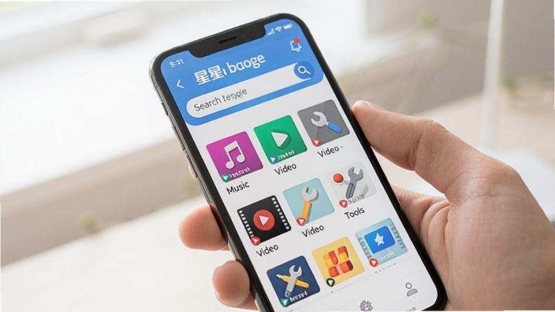 star baoge app showing a search result page with diverse categories like music, video and tools, smartphone display, minimalist interface, bright lighting